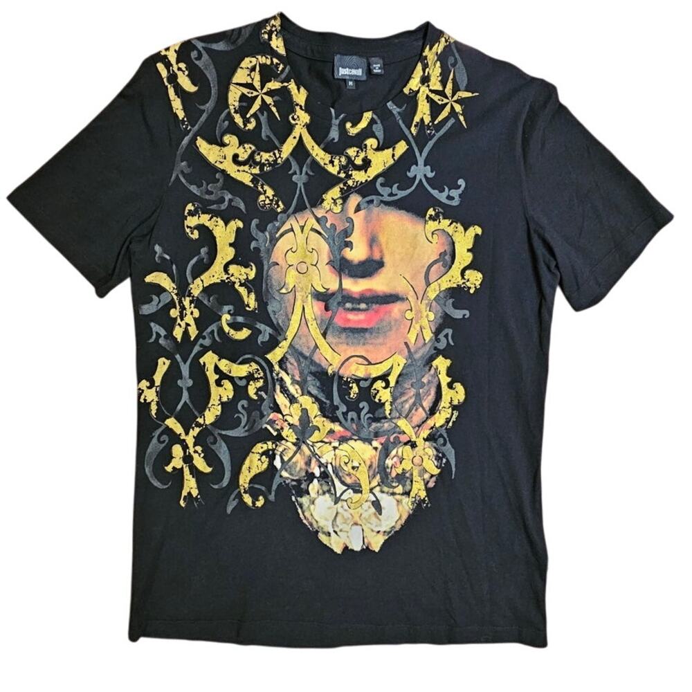 Just Cavalli Graphic Face T Shirt, Black & Gold, Rare, New, Streetwear, Sz M